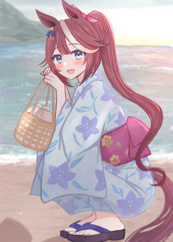 Rule 34 | 1girl, absurdres, animal ears, bag, beach, blue eyes, blue kimono, blush, brown hair, commentary request, floral print, floral print kimono, hair between eyes, highres, holding, holding bag, horse ears, horse girl, horse tail, japanese clothes, kimono, long hair, long sleeves, looking at viewer, mayuchi427, multicolored hair, obi, open mouth, outdoors, pink sash, ponytail, print kimono, sandals, sash, smile, solo, squatting, streaked hair, tail, teeth, tokai teio (umamusume), two-tone hair, umamusume, upper teeth only, water, white hair