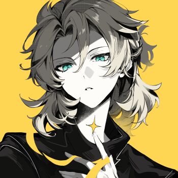 1boy absurdres albedo_(genshin_impact) aqua_eyes black_shirt c_ixxp commentary finger_to_neck fingernails genshin_impact hand_up hashtag-only_commentary highres looking_at_viewer male_focus medium_hair parted_lips partially_colored portrait ribbon scar scar_on_face shirt simple_background solo star_(symbol) yellow_background yellow_ribbon