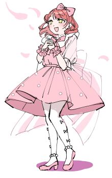 1girl 4ding :d bow dream_with_you_(love_live!) dress full_body green_eyes hair_bow high_heels highres love_live! love_live!_nijigasaki_high_school_idol_club medium_dress medium_hair open_mouth own_hands_clasped own_hands_together panties pantyhose pink_bow pink_dress pink_hair pink_shoes puffy_short_sleeves puffy_sleeves shoes short_sleeves smile solo uehara_ayumu underwear white_panties white_pantyhose