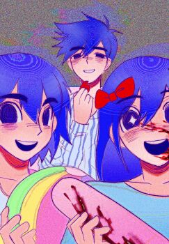 1girl 2boys antenna_hair aubrey_(headspace)_(omori) aubrey_(omori) ball baseball_bat blood bloody_weapon blue_shirt blush bow brothers collarbone double-parted_bangs film_grain hair_between_eyes hair_bow hero_(headspace)_(omori) hero_(omori) highres holding holding_ball holding_baseball_bat holding_whistle kel_(headspace)_(omori) kel_(omori) long_hair looking_at_viewer lyuz_(justtoseemeplea) multiple_boys omori open_mouth parted_lips purple_eyes purple_hair red_bow scene_reference shirt short_hair siblings smile t-shirt teeth upper_teeth_only weapon whistle