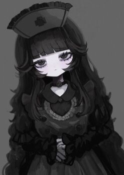 Rule 34 | 1girl, :<, absurdres, apron, black eyes, black hair, blunt bangs, choker, expressionless, frilled headwear, gothic lolita, grey background, hair flaps, half-closed eyes, hat, head tilt, highres, leaning to the side, lolita fashion, long hair, long sleeves, looking at viewer, mole, mole under eye, nurse cap, original, own hands together, shiona (siona0625), solo, very long hair