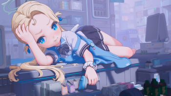 1girl absurdres angel&#039;s_24_uniform_(blue_archive) apron averting_eyes barcode_scanner blonde_hair blue_apron blue_archive blue_eyes blush book cash_register clipboard commentary computer counter embarrassed energy_drink forehead gashapon glass_door_refrigerator halo highres holding holding_barcode_scanner long_hair lying microwave monitor on_counter on_side shijiuuuuuuu shirt short_sleeves solo sora_(blue_archive) two_side_up white_shirt