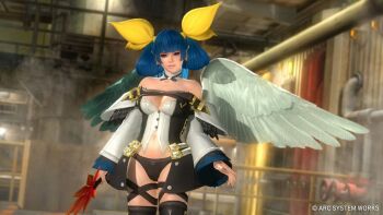 1girl 3d arc_system_works bare_shoulders blue_hair breasts cleavage cosplay dead_or_alive dead_or_alive_5 dizzy_(guilty_gear) dizzy_(guilty_gear)_(cosplay) guilty_gear large_breasts long_hair navel nyotengu official_art purple_eyes tecmo wings