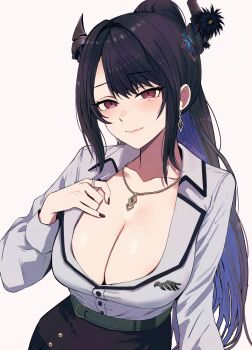 1girl absurdres asymmetrical_horns black_hair black_skirt blue_hair blush breasts cleavage colored_inner_hair commentary demon_horns earrings eneeues english_commentary highres hololive hololive_english horns jewelry large_breasts long_hair looking_at_viewer mole mole_under_eye multicolored_hair necklace nerissa_ravencroft nerissa_ravencroft_(casual) official_alternate_costume pencil_skirt purple_nails red_eyes revision ring shirt shirt_tucked_in simple_background skirt slit_pupils solo two-tone_hair uneven_horns very_long_hair virtual_youtuber white_background white_shirt