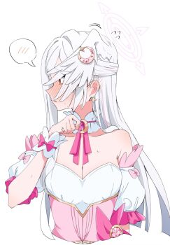 1girl bare_shoulders blue_archive blush breasts bustier cleavage corset crescent crescent_hair_ornament detached_sleeves flying_sweatdrops full-face_blush hair_ornament halo hand_up head_wings highres kituneginoe long_hair looking_at_viewer looking_to_the_side magical_girl medium_breasts official_alternate_costume pink_corset pink_halo red_eyes single_head_wing small_sweatdrop solo suzumi_(blue_archive) suzumi_(magical)_(blue_archive) turning_head upper_body white_background white_hair wings wrist_cuffs