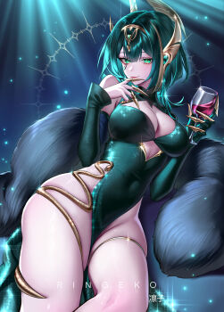 1girl absurdres alternate_costume artist_name bare_legs bare_shoulders breasts closed_mouth commentary covered_navel cup detached_sleeves double-parted_bangs dress drinking_glass earpiece elbow_gloves facial_mark feather_boa genshin_impact gloves green_dress green_eyes green_hair hand_up headgear highres holding holding_cup large_breasts looking_at_viewer mark_under_eye medium_hair mole mole_on_breast nefer_(genshin_impact) ringeko-chan single_detached_sleeve single_elbow_glove smile solo