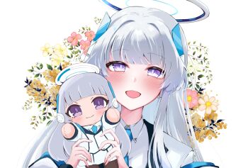 1girl blue_archive breasts grey_hair halo highres jacket large_breasts long_hair long_sleeves looking_at_viewer mechanical_halo mizuhane_(mizuhane_miu) necktie noa_(blue_archive) open_mouth purple_eyes shirt smile solo very_long_hair white_hair