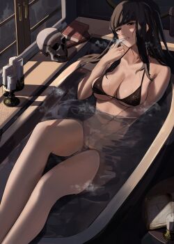 1girl alternate_costume bare_legs bath bathing bathtub bikini black_bikini black_eyes black_hair blunt_bangs book breasts brown_eyes candle cleavage feet_out_of_frame female_focus female_masturbation finger_to_mouth fire_emblem fire_emblem_awakening hand_up heavy_breathing highres indoors j@ck large_breasts leaning_back legs long_hair looking_at_viewer masturbation matching_hair/eyes medium_breasts nintendo parted_lips partially_submerged sitting skull smile solo steam swimsuit tharja_(fire_emblem) thighs two_side_up underboob water wet window
