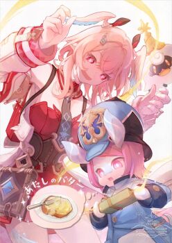 2girls aran_mame backpack bag blue_coat book box bread bread_slice brown_corset coat commentary_request corset crossed_bangs custodian_helmet detached_collar detached_sleeves diagonal_bangs dress food genshin_impact gift gift_box head_wings heart heart-shaped_pupils helmet highres holding holding_box linnea_(genshin_impact) looking_at_another looking_down lumi_(genshin_impact) medium_hair melusine_(genshin_impact) muirne_(genshin_impact) multiple_girls necktie open_mouth pink_eyes pink_hair pointy_ears red_dress short_hair spoken_food strapless strapless_dress symbol-shaped_pupils toast white_sleeves wings