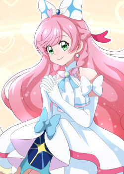 1girl absurdres ahoge arm_bow ascot bare_shoulders blue_bow bow braid brooch closed_mouth commentary cowboy_shot cure_prism dot_nose dress dress_bow earrings elbow_gloves frilled_dress frills gloves green_eyes hair_bow hair_ornament half_up_braid halter_dress halterneck heart heart_ahoge heart_background highres hirogaru_sky!_precure interlocked_fingers jewelry kei_yunokawa light_particles long_hair looking_at_viewer magical_girl medium_dress nijigaoka_mashiro own_hands_clasped own_hands_together pink_hair precure side_braids single_earring sleeveless sleeveless_dress smile solo sphere_earrings swept_bangs white_ascot white_bow white_dress white_gloves wing_brooch wing_hair_ornament yellow_background