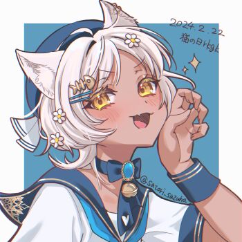 Rule 34 | 1girl, :d, absurdres, animal ear fluff, animal ears, blue background, blue choker, blue neckerchief, blue sailor collar, blush, border, bow, bow choker, cat day, cat ears, cat girl, choker, claw pose, commentary request, dated, fang, fish skeleton hair ornament, hair ornament, hairclip, hand up, highres, looking at viewer, neckerchief, open mouth, original, outside border, parallel hairclips, parted bangs, portrait, sailor collar, satori suzuha, school uniform, serafuku, shirt, short hair, short sleeves, simple background, skin fang, smile, solo, sparkle, white border, white hair, white shirt, wrist cuffs