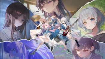 5girls absurdres art_relay artist_collaboration bang_dream! bang_dream!_it's_mygo!!!!! bass_guitar berserker_r black_boots black_socks boots brown_hair cat catzz chihaya_anon chinese_commentary choker closed_mouth column_lineup commentary_request drum drum_set drumsticks electric_guitar fishnet_thighhighs fishnets grey_eyes grey_hair guitar heterochromia highres holding holding_drumsticks holding_guitar holding_instrument holding_microphone instrument jewelry jiu_ye_sang kaname_raana lens_flare making-of_available maoerduo_meow microphone mole mole_under_eye multiple_girls multiple_views music mygo!!!!!_(bang_dream!) nagasaki_soyo necklace pink_hair purple_eyes purple_hair qian_qian_qian qys3 sanyue_xun shiina_taki shoes singing single_thighhigh sneakers socks takamatsu_tomori tatatsu thighhighs umie_(iowae) wako_(1194433260) white_hair yaungpeng