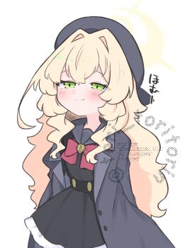 1girl beret black_serafuku black_shirt black_skirt blonde_hair blue_archive blush bow closed_mouth commentary_request green_eyes grey_hat grey_jacket grey_sailor_collar hair_between_eyes hair_intakes half-closed_eyes halo hat highres jacket kujou_karasuma long_hair looking_at_viewer open_clothes open_jacket professor_niyaniya_(blue_archive) red_bow sailor_collar school_uniform serafuku shirt simple_background skirt smile solo translation_request very_long_hair watermark white_background