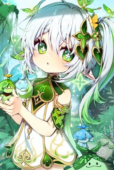 1girl absurdres commentary_request dress genshin_impact gradient_hair green_eyes green_hair hair_between_eyes hair_ornament highres jewelry kkochmanyeo korean_commentary leaf_hair_ornament long_hair looking_at_viewer multicolored_hair nahida_(genshin_impact) open_mouth pointy_ears side_ponytail symbol-shaped_pupils white_dress white_hair