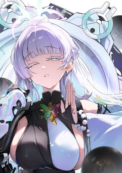 1girl absurdres beads breasts colored_eyelashes goddess_of_victory:_nikke highres large_breasts mole mole_on_breast monk nayuta_(nikke) schrodinger_de_miao_m sideboob solo split-color_clothes thick_eyelashes unusually_open_eyes upper_body white_eyelashes