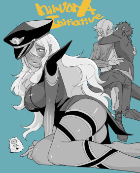 1girl 2boys absurdres ai_the_somnium_files ai_the_somnium_files:_nirvana_initiative aiba_(ai_the_somnium_files) blue_background blush breasts commentary_request copyright_name date_kaname greyscale_with_colored_background hair_between_eyes hat highres jacket kiss long_hair looking_at_viewer multiple_boys one_eye_covered ookutsuwa_waga pants ryuki_kuruto shoes short_hair straddling tama_(ai_the_somnium_files) thigh_straddling undressing_another x-shaped_thigh_strap yaoi