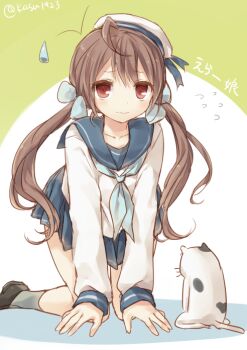 Rule 34 | 10s, 1girl, brown eyes, brown hair, cat, character name, error musume, female focus, flying sweatdrops, girl holding a cat (kancolle), hat, kantai collection, kneeling girl (kancolle), komeshiro kasu, long hair, long sleeves, looking at viewer, neckerchief, personification, school uniform, serafuku, skirt, solo, twintails, twitter username
