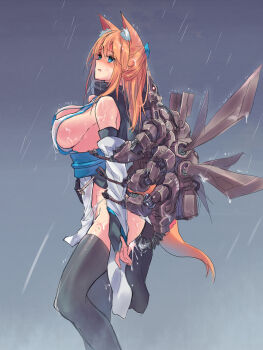 1girl animal_ears aqua_eyes bare_shoulders black_thighhighs breasts detached_sleeves fingerless_gloves fox_ears fox_girl fox_tail gloves grabbing_from_behind japanese_clothes large_breasts long_hair machine obi object_insertion orange_hair original panties pelvic_curtain revealing_clothes sash sawaya_(mizukazu) scarf solo tail thighhighs underwear