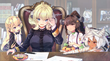 4girls aged_down alternate_costume artist_name bandaged_arm bandages black_bow black_neckwear blonde_hair blue_eyes blush bow bowtie braid brown_eyes brown_hair cape collared_shirt colorado_(kancolle) dark-skinned_female dark_skin flower hair_between_eyes hair_flower hair_ornament halloween halloween_costume headgear highres himeyamato iowa_(kancolle) kantai_collection long_hair long_sleeves military military_uniform multiple_girls mummy_costume musashi_(kancolle) nagato_(kancolle) naval_uniform nelson_(kancolle) open_mouth paper patchwork_clothes patchwork_skin pen ponytail red_eyes shirt short_hair short_sleeves two_side_up vampire_costume white_hair white_shirt yamato_(kancolle)