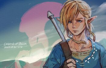 1boy 1girl blonde_hair blue_eyes blue_tunic closed_mouth copyright_name fins furrowed_brow hand_on_own_chest head_fins light_frown link low_ponytail mipha nintendo pointy_ears ponytail shiroton_(kazamineko) silhouette sword sword_on_back the_legend_of_zelda the_legend_of_zelda:_breath_of_the_wild tunic upper_body weapon weapon_on_back zora