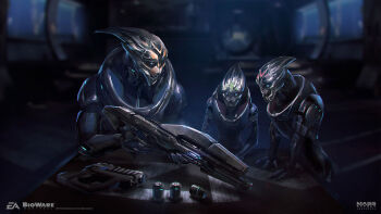 3boys ben_lo bioware blue_eyes blurry blurry_background commentary concept_art electronic_arts energy_gun english_commentary gun handgun highres holding holding_gun holding_weapon indoors logo looking_down male_focus mass_effect:_andromeda mass_effect_(series) multiple_boys official_art open_mouth production_art science_fiction surprised turian weapon