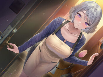 1girl absurdres apron backlighting black_skirt blue_shirt blush breasts brown_apron cleavage closed_mouth collarbone commentary_request dutch_angle feet_out_of_frame grey_hair highres large_breasts leaning_forward legs_together long_sleeves looking_at_viewer medium_skirt original outdoors plant potted_plant purple_eyes sakamuke shirt short_hair skirt smile solo standing swept_bangs tail umbrella wooden_floor