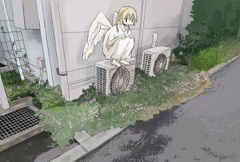 Rule 34 | 1girl, ag24q, air conditioner, angel, angel wings, barefoot, blonde hair, building, bush, expressionless, flower, grass, grate, highres, original, robe, scenery, squatting, twintails, white robe, wings