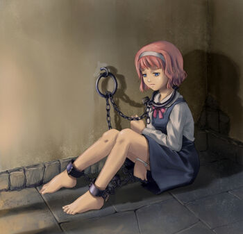 1girl barefoot blue_eyes bob_cut bound bound_legs chain collar hairband lock looking_down maid on_floor original padlock pink_hair restrained sad solo