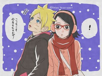 1boy 1girl black_eyes black_hair black_jacket blonde_hair blue_eyes blush boruto:_naruto_next_generations commentary_request earmuffs facial_mark glasses highres hood hooded_jacket jacket looking_up matsu_(fu6ide2) naruto_(series) pink_jacket red_scarf scarf snowing translation_request twitter_username uchiha_sarada uzumaki_boruto watermark whisker_markings