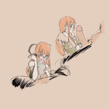 1boy 1girl brown_background clothes_pull commentary condom condom_on_penis elbow_rest english_commentary forearm_cock_comparison fur-trimmed_jacket fur_trim glasses green_jacket headphones hetero jacket large_penis looking_at_penis male_pubic_hair measuring mrbudguy multiple_views orange_hair pants pants_pull penis penis_awe penis_measuring persona persona_5 pubic_hair sakura_futaba simple_background