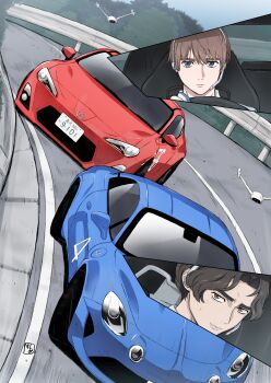 2boys alpine_a110 bea_(bropmlk) blue_car brown_eyes brown_hair car car_interior car_seat closed_mouth commentary_request day drifting driving drone gloves grey_sky guard_rail highres kanata_livington license_plate light_smile mf_ghost motion_lines motor_vehicle multiple_boys nose outdoors product_placement purple_eyes racing red_car sawatari_kouki short_hair signature sky speed_lines sports_car steering_wheel sweatdrop toyota toyota_86 tree white_gloves