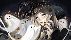 Rule 34 | 1girl, absurdres, bambyumi, black bow, black nails, black robe, blonde hair, blue eyes, bow, candy, comforting, commentary request, crying, food, ghost, halloween, hat, hat bow, highres, jewelry, lips, long hair, long sleeves, nail polish, original, ring, robe, scared, sheet ghost, slit pupils, sparkle, star (symbol), tearing up, tears, witch, witch hat, wrapped candy