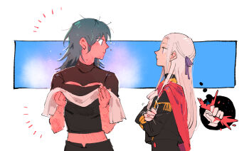 Rule 34 | 13degree, 2girls, black shirt, black shorts, blue eyes, female byleth (fire emblem), capelet, cleavage cutout, clothing cutout, couple, crop top, crossed arms, edelgard von hresvelg, fire emblem, fire emblem: three houses, from side, garreg mach monastery uniform, green hair, hair between eyes, hair ribbon, hands up, highres, holding, holding towel, hot, juliet sleeves, long hair, long sleeves, looking at another, looking down, looking up, messy hair, multicolored background, multiple girls, nintendo, parted bangs, puffy sleeves, purple eyes, purple ribbon, red capelet, ribbon, shirt, short sleeves, shorts, speech bubble, standing, steaming body, sunburn, thought bubble, towel, white hair, yuri