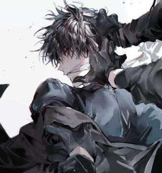 Rule 34 | 1boy, black gloves, black hair, black jacket, black shirt, blush, commentary, from behind, gag, gloves, hair between eyes, hand on another's arm, hand on another's face, hand on another's head, highres, implied yaoi, improvised gag, jacket, kkuekkue (chifer1958), long sleeves, looking at viewer, looking back, male focus, off shoulder, original, out of frame, parted lips, pov, pov hands, profile, red eyes, shirt, short hair, simple background, solo focus, surrounded by hands, symbol-only commentary, tears, upper body, white background