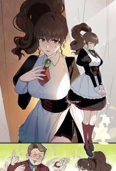 1boy 1girl alternate_costume big_hair black_corset black_shoes breasts brown_hair commentary_request corset enmaided flying_sweatdrops high_ponytail highres husband_and_wife large_breasts looking_at_viewer maid outline ponytail red_socks shoes socks sparkle standing sweatdrop umineko_no_naku_koro_ni ushiromiya_krauss ushiromiya_natsuhi watermark white_outline yellow_eyes yo2gi_mmm