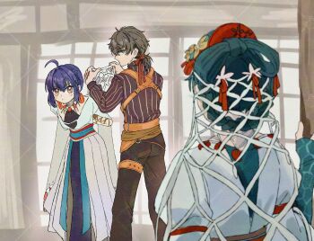 Rule 34 | 1boy, 1girl, 1other, ahoge, belt, black hair, braid, braided bun, braided hair rings, command spell, danshi koukousei no nichijou, earrings, fate/samurai remnant, fate (series), feminization, fishing net, green hair, hair bun, hair rings, highres, jewelry, low ponytail, magatama, magatama earrings, magatama necklace, miyamoto iori (fate), miyamoto iori (phantasmal dress) (fate), nao oppaisukiii, necklace, net, ototachibana-hime (fate), parody, pinstripe pattern, pinstripe shirt, ponytail, shirt, shoulder guard, sidelocks, striped clothes, striped shirt, thigh belt, thigh strap, vertical-striped clothes, vertical-striped shirt, watermark, yamato takeru (fate), yamato takeru (phantasmal dress) (fate)