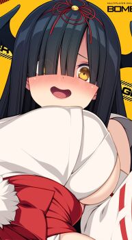 1girl black_hair black_wings blunt_bangs blush bombergirl breasts detached_sleeves embarrassed from_below head_wings highres karasuba_hiiro kinoshita_ichi large_breasts long_hair looking_at_viewer nontraditional_miko open_mouth raised_eyebrows sideboob sidelocks solo wings yellow_background yellow_eyes