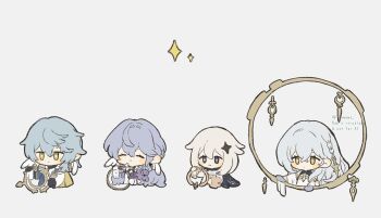 1boy 3girls ^_^ absurdres blue_hair blush_stickers boilmame braid bright_pupils brother_and_sister chibi chibi_only cleaning closed_eyes commentary_request company_connection crossover flat_color genshin_impact grey_hair halo highres holding_halo honkai:_star_rail honkai_(series) istaroth_(genshin_impact) multiple_girls outfit_connection paimon_(genshin_impact) robin_(honkai:_star_rail) siblings simple_background sunday_(honkai:_star_rail) twitter_username white_background white_hair wiping