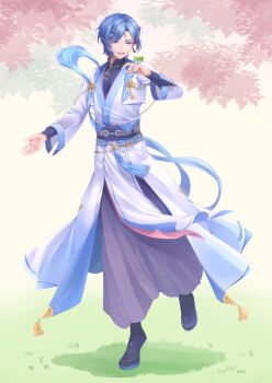 1boy :d adapted_costume bird bird_on_hand black_shirt black_shoes blue_eyes blue_hair blue_nails commentary_request dreaming_nozomu earrings fingernails full_body grass highres jewelry kaito_(vocaloid) male_focus nail_polish open_mouth shirt shoes smile solo tassel tassel_earrings teeth tongue upper_teeth_only vocaloid