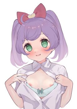 1girl blue_bra blush bow bra bra_pull clothes_pull flat_chest green_eyes hair_bow heart highres hyakumangoku_masurao loli manaka_laala nipples open_clothes open_shirt parted_lips pretty_series pripara purple_eyes raised_eyebrow red_bow shirt short_sleeves short_twintails simple_background solo sweatdrop twintails underwear white_background white_shirt