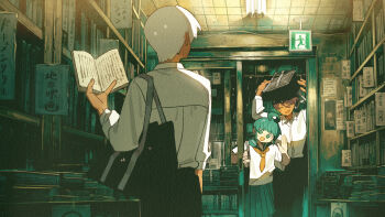 Rule 34 | 1girl, 2girls, absurdres, ahoge, ahoge girl (jimini shijimi), aqua eyes, aqua hair, aqua sailor collar, aqua skirt, arm at side, bag, bag over head, black hair, black pants, book, bookshelf, collared shirt, commentary, english commentary, glass door, hand up, hands up, highres, holding, holding bag, holding book, indoors, jimini shijimi, library, multiple girls, neckerchief, no humans, open book, open mouth, orange neckerchief, original, pants, pile of books, pleated skirt, sailor collar, school bag, school uniform, serafuku, shirt, short hair, short sleeves, shoulder bag, skirt, slice of life, sliding doors, standing, very short hair, waving, white-haired man (jimini shijimi), white shirt, wing collar