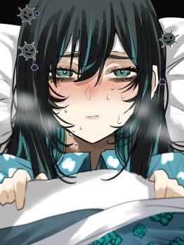 1girl ado_(utaite) black_hair blue_eyes blush chando_(ado) closed_mouth colored_inner_hair commentary_request gunjyou_(gunjyou_00) ha-chan_(ado) hair_ornament highres long_hair lying mole mole_under_eye multicolored_hair on_bed sick solo streaked_hair sweat under_covers utaite virus