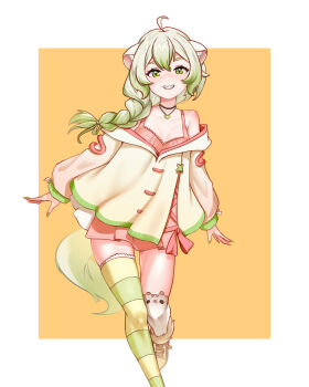 1girl absurdres ahoge animal_ears dress ferret_ears ferret_girl ferret_tail food fruit green_eyes green_hair green_nails green_tail highres indie_virtual_youtuber kimarislibran laimu_(vtuber) lime_(fruit) lime_slice multicolored_tail pink_dress single_thighhigh smile striped_clothes striped_thighhighs tail thighhighs thighs virtual_youtuber white_hair white_tail
