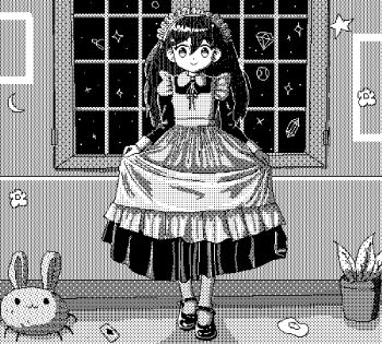 1girl alternate_costume animated animated_gif apron blinking bug_bunny_(omori) closed_mouth deimiler enmaided full_body greyscale indoors long_hair long_sleeves maid maid_apron maid_headdress mari_(headspace)_(omori) mari_(omori) monochrome omori open_mouth pixel_art potted_plant_(omori) socks solo teeth upper_teeth_only window
