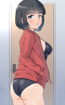 1girl ass black_hair black_one-piece_swimsuit commentary_request competition_swimsuit cowboy_shot door from_behind grey_eyes hand_in_pocket highres jacket looking_at_viewer looking_back one-piece_swimsuit original red_jacket short_hair solo swimsuit swimsuit_under_clothes thames3