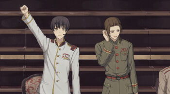 1other 2boys arm_up axis_powers_hetalia belt black_hair blush breast_pocket brown_eyes brown_hair brown_jacket buttons chair china_(hetalia) clenched_hand closed_mouth collared_jacket commentary_request empty_eyes green_jacket hair_between_eyes half-closed_eyes hand_up indoors jacket japan_(hetalia) long_hair long_sleeves looking_afar looking_at_viewer low_ponytail male_focus mandarin_collar microphone military military_jacket military_uniform multiple_boys musical_note_ornament open_mouth pocket ponytail red_belt short_hair smile stairs standing white_jacket wing_collar ymgr64