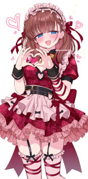 Rule 34 | :d, absurdres, back bow, belt, black belt, black wrist cuffs, blue eyes, blush, bow, breasts, brown hair, chiyosuke (nosuke21), cleavage cutout, clothing cutout, dress, earrings, floral print, frilled dress, frilled thighhighs, frills, garter straps, half-closed eyes, heart, heart cutout, heart earrings, heart hands, highres, idolmaster, idolmaster cinderella girls, jewelry, juliet sleeves, long sleeves, medium breasts, medium hair, open mouth, puffy sleeves, sakuma mayu, short dress, short sleeves, smile, thighhighs, white background, wrist cuffs