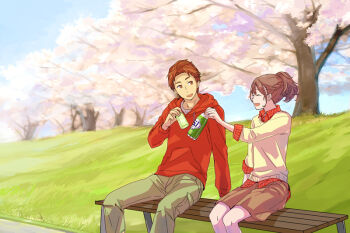 1boy 1girl bench bottle braid brown_hair brown_shorts cardigan cargo_pants casual check_clothing cherry_blossoms closed_eyes clothing_request day grass green_pants hair_between_eyes half_up_braid high_collar high_ponytail holding holding_bottle hood hoodie long_hair natsuda10 open_mouth outdoors pants plaid_clothes plaid_collar ponytail ponytail_with_braided_base red_eyes red_hair red_hoodie red_shirt robotics;notes science_adventure senomiya_akiho shirt short_hair shorts sitting skal smile sweater toasting_(gesture) tongue tree yashio_kaito yellow_sweater