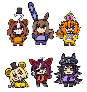 admire_vega_(umamusume) ahoge animal_ears animatronic bear_ears bib bird blonde_hair bonnie_(fnaf) bonnie_(fnaf)_(cosplay) bow brown_hair chibi chibi_only chica chica_(cosplay) clothing_cutout cosplay crow crown ear_bow ear_covers ear_ornament ear_piercing ear_ribbon ears_through_headwear eyepatch fenomeno_(umamusume) five_nights_at_freddy's five_nights_at_freddy's_1 flashlight foxy_(fnaf) foxy_(fnaf)_(cosplay) freddy_fazbear freddy_fazbear_(cosplay) golden_freddy hair_over_one_eye hat highres holding hook_hand horse_ears horse_girl horse_tail horseshoe_ornament long_hair low_ponytail medium_hair meisho_doto_(umamusume) mini_crown multicolored_hair multiple_girls narita_top_road_(umamusume) necktie open_mouth orange_hair peaked_cap piercing pikminpreggedup ponytail purple_shirt security_guard shirt short_hair single_ear_cover smile streaked_hair striped_hat t.m._opera_o_(umamusume) tail tail_through_clothes tanino_gimlet_(umamusume) two-tone_hair umamusume white_background white_necktie