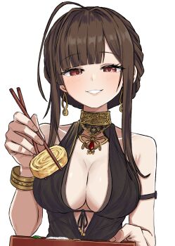 Rule 34 | 1girl, ahoge, bare shoulders, bento, black dress, blush, bracelet, breasts, brown hair, chopingme, chopsticks, cleavage, commentary, dress, dsr-50 (girls' frontline), earrings, food, girls' frontline, girls' frontline 2: exilium, gold bracelet, grin, highres, holding, holding chopsticks, jewelry, large breasts, looking at viewer, loreley (girls' frontline 2), omelet, red eyes, short hair with long locks, simple background, smile, solo, tamagoyaki, transparent background, white mouth